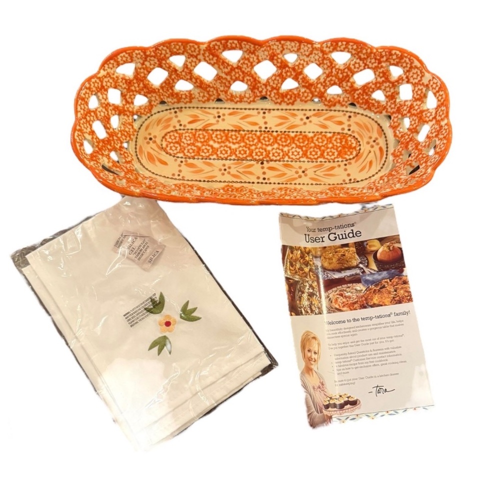 Temp-tations Old World Ceramic Bread Basket with Cloth - ORANGE-NEW - Picture 1 of 1